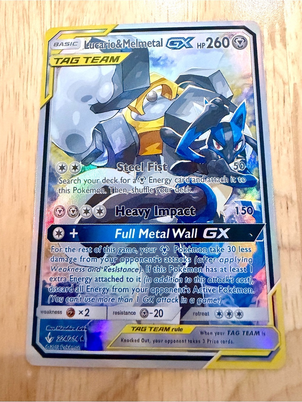 Pokemon Lucario & Melmetal GX Holo — Blue, Silver, Yellow Accents